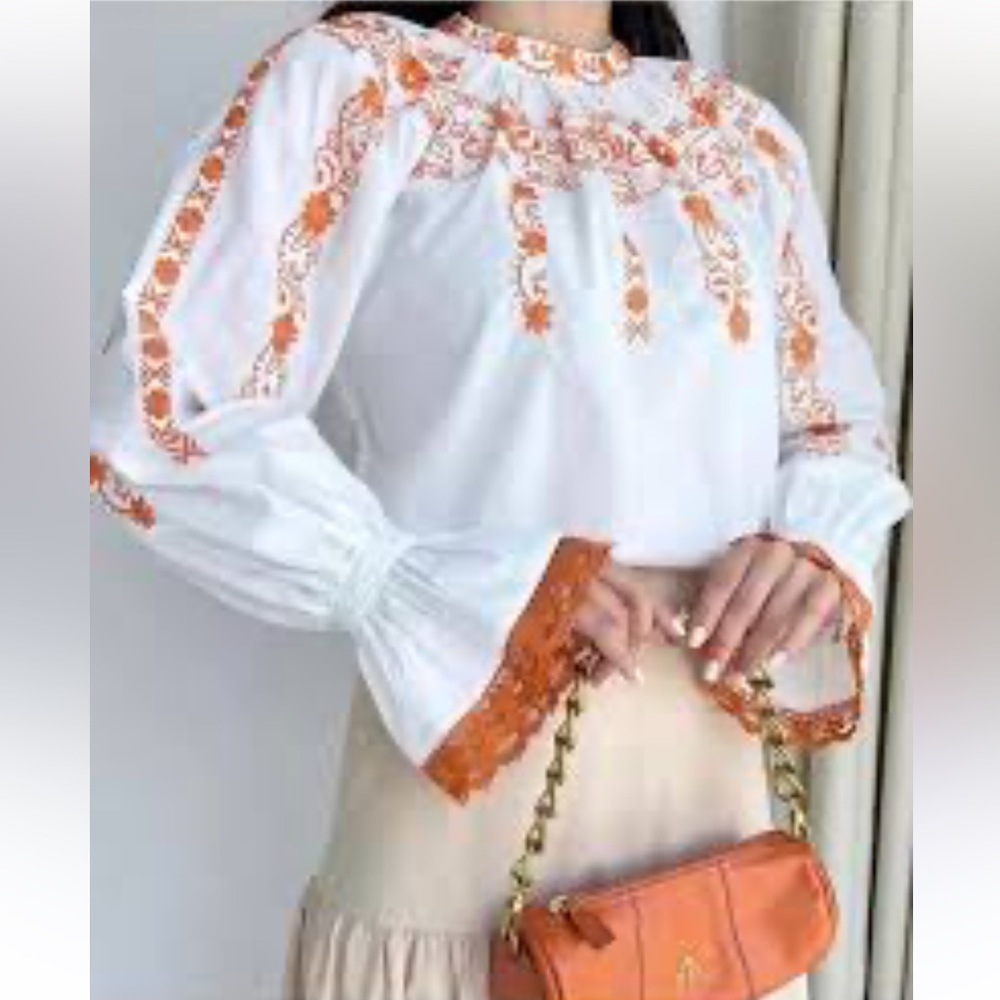 Orange white 100% cotton top charlotte russe boho blouse floral women’s small